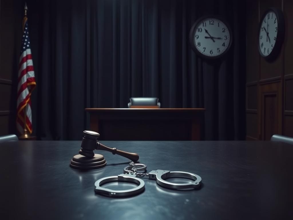 Flick International A courtroom scene with an empty judge’s bench, gavel, and handcuffs representing the gravity of capital punishment.