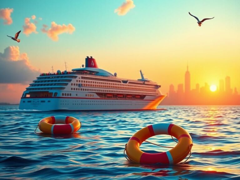 Flick International A luxurious cruise ship sailing at sunset with vibrant colors and New York City skyline in the background