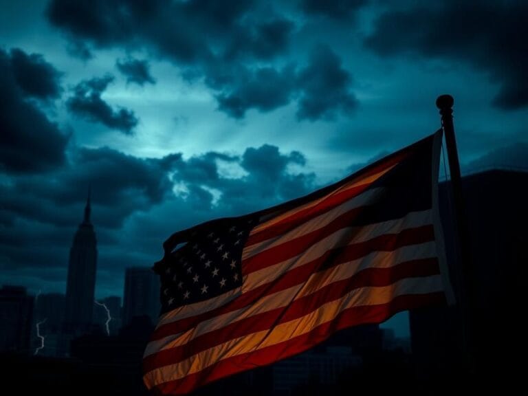 Flick International Dark and ominous skyline of a modern city at dusk with stormy clouds and a worn American flag.
