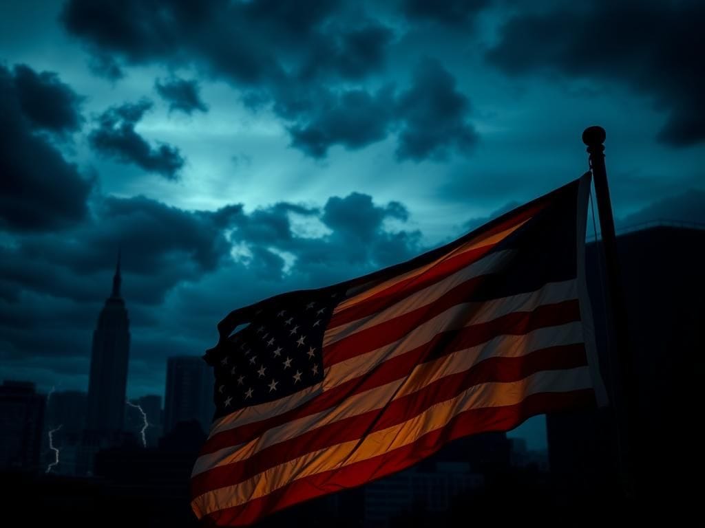 Flick International Dark and ominous skyline of a modern city at dusk with stormy clouds and a worn American flag.