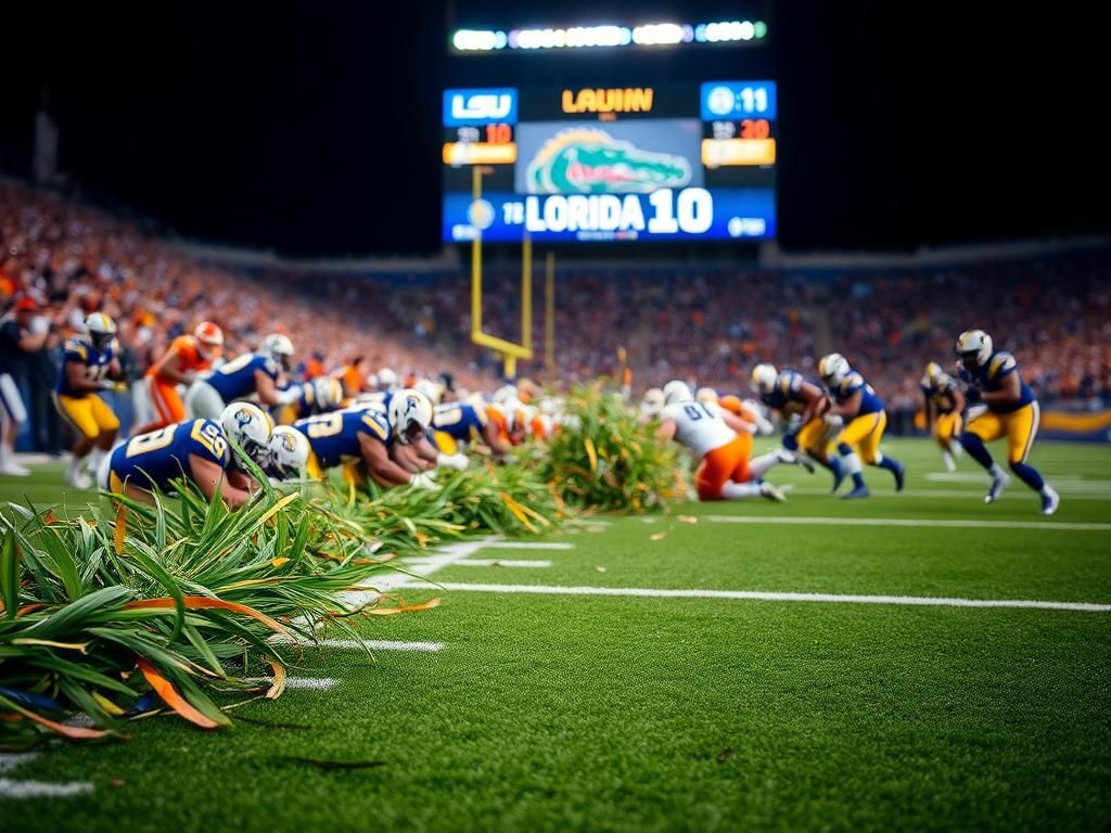 Flick International Intense football clash between LSU and Florida players on the sidelines