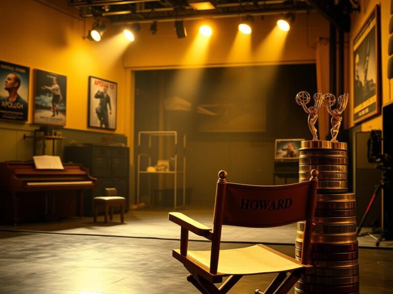 Flick International Empty sound stage with vintage film equipment and classic movie posters