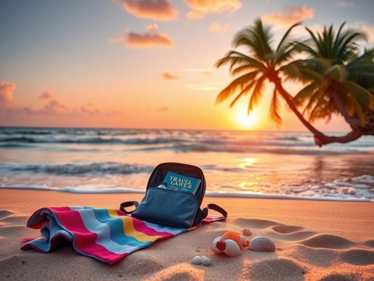 Flick International A vibrant beach scene at sunset with waves, a beach towel, and a small backpack.
