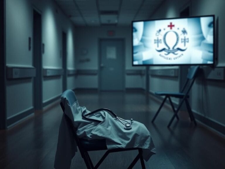 Flick International Hospital corridor with dim lighting and abandoned stethoscope, symbolizing medical ethics conflict