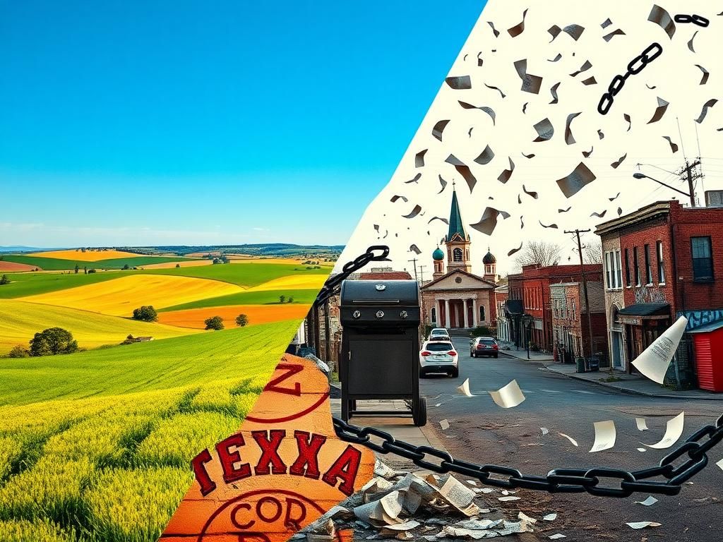 Flick International Split image contrasting a serene rural Texas landscape with a chaotic urban scene symbolizing political divide