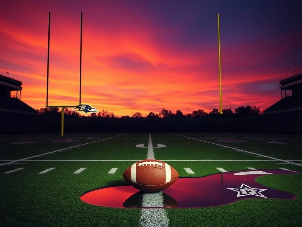 Flick International Silhouetted NFL football field at twilight with goalposts against a vibrant sunset.