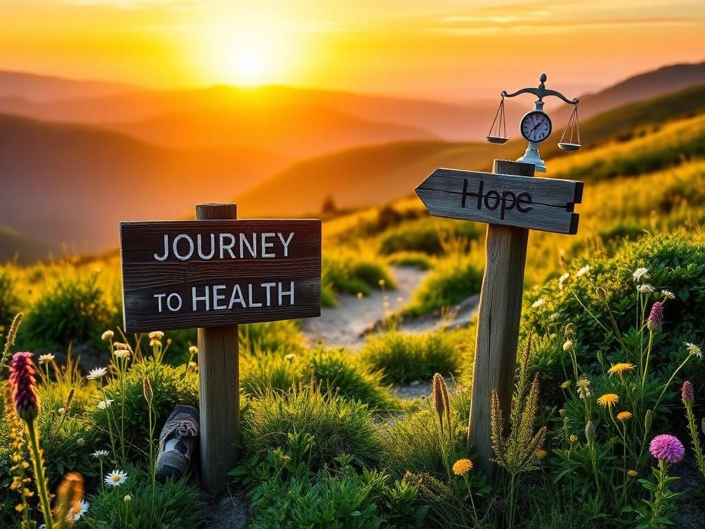 Flick International A pair of well-worn hiking boots on a wooden signpost labeled 'Journey to Health' surrounded by lush greenery and blooming wildflowers.