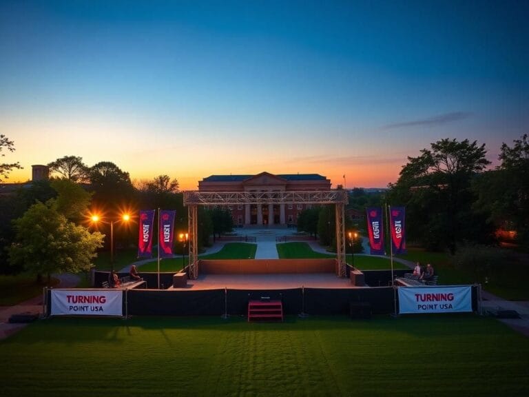 Flick International Vibrant university campus at dusk with empty outdoor stage and Turning Point USA banners
