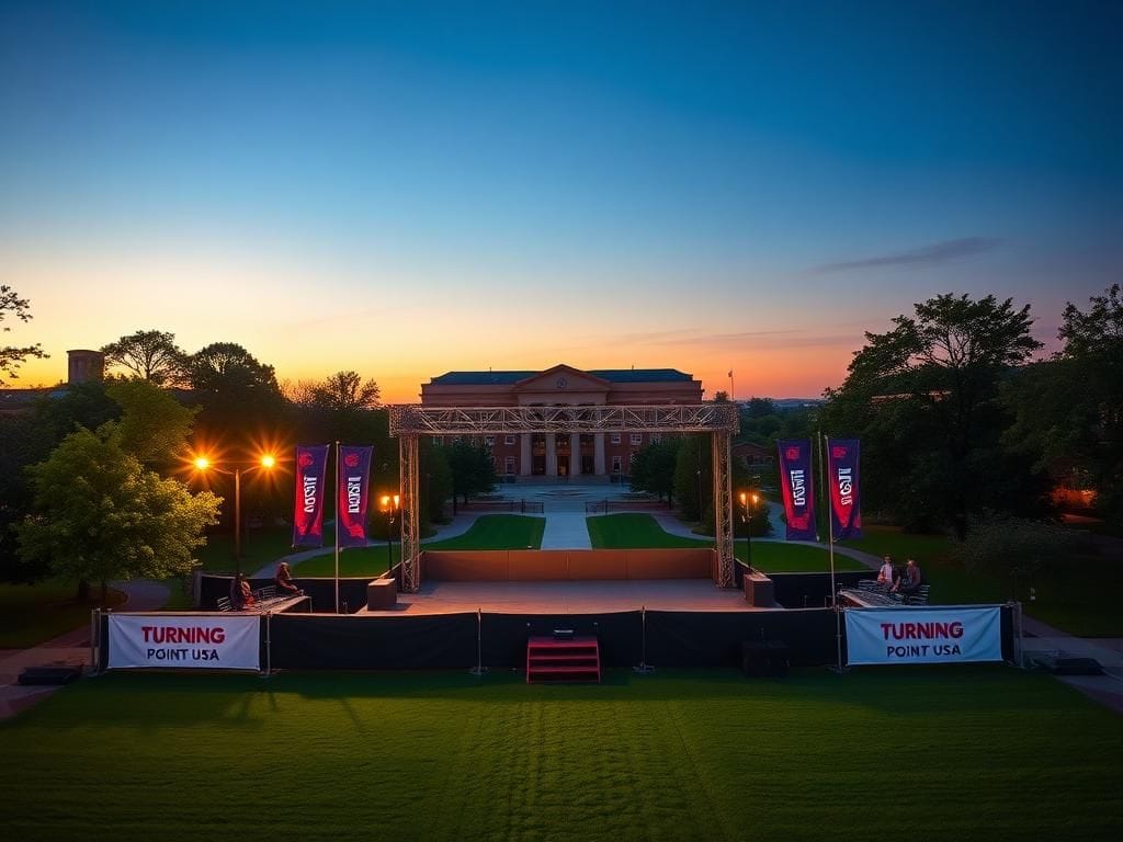 Flick International Vibrant university campus at dusk with empty outdoor stage and Turning Point USA banners