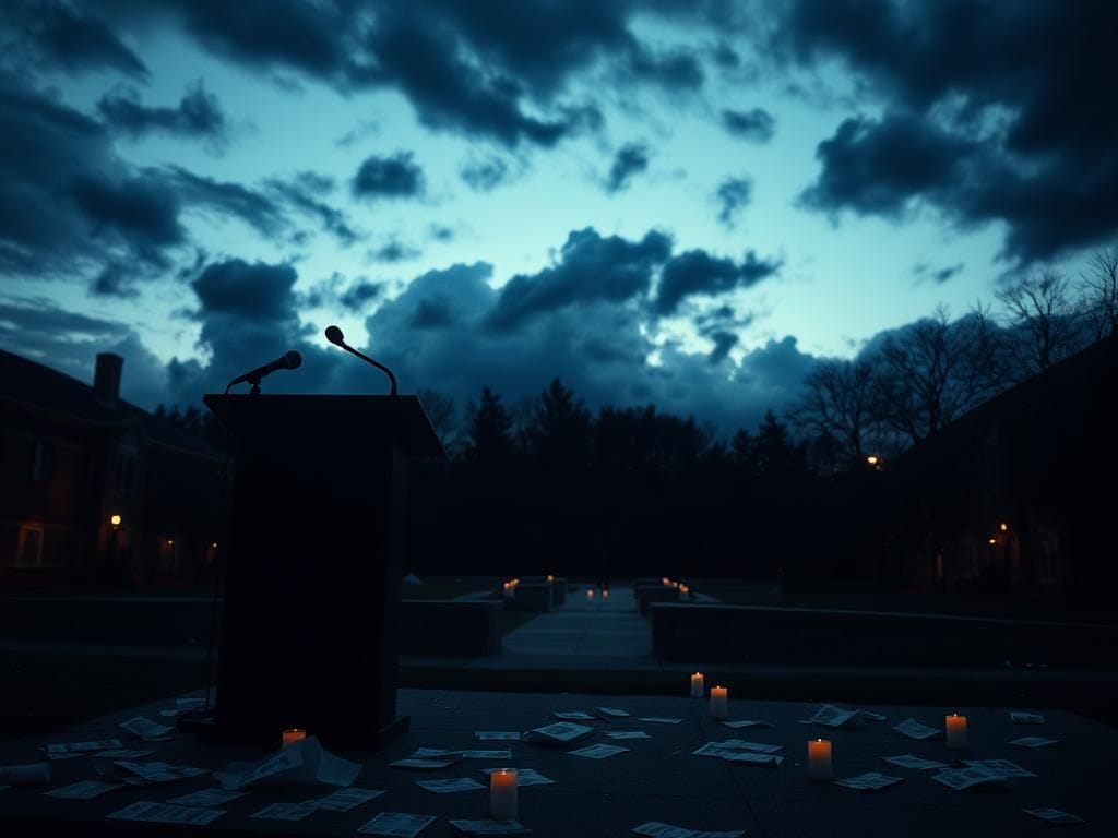 Flick International Dark scene at a university campus representing the aftermath of violence