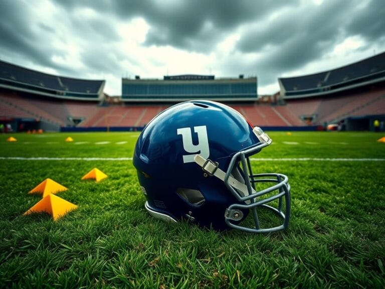 Flick International A New York Giants helmet on a football field marked with penalty flags
