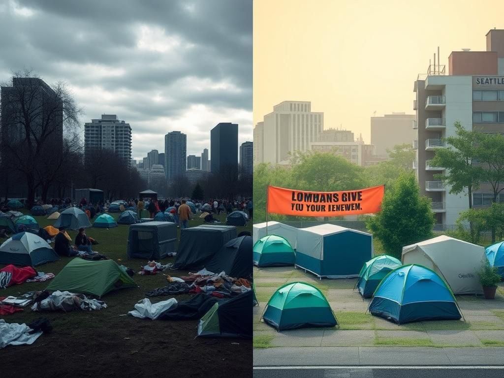 Flick International A divided urban landscape depicting contrasting approaches to homelessness in Seattle
