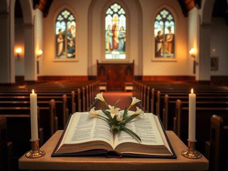 Flick International Serene church interior with open Bible and candles