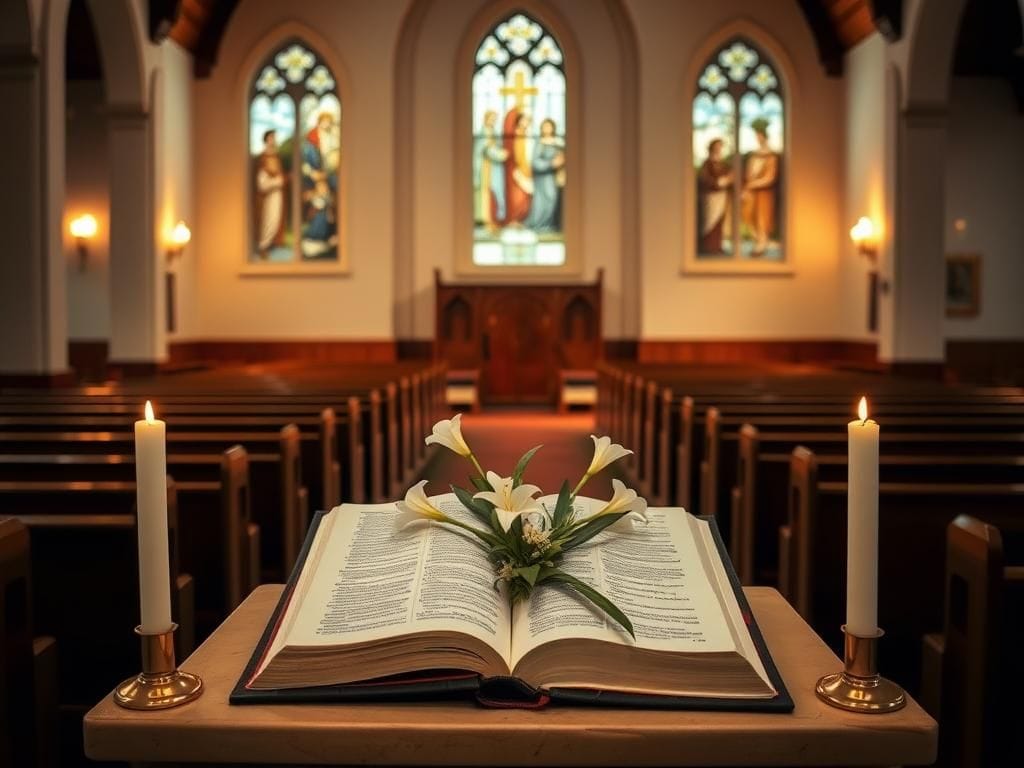Flick International Serene church interior with open Bible and candles