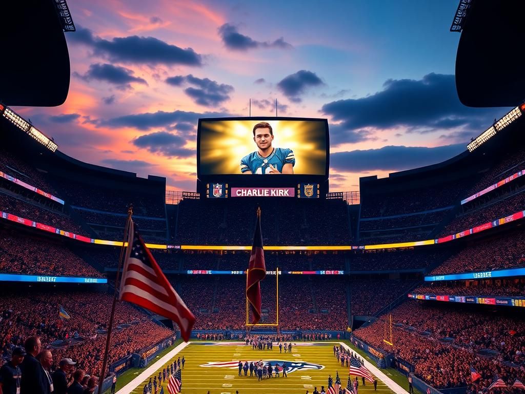 Flick International Illuminated jumbotron tribute to Charlie Kirk at NFL stadium filled with fans