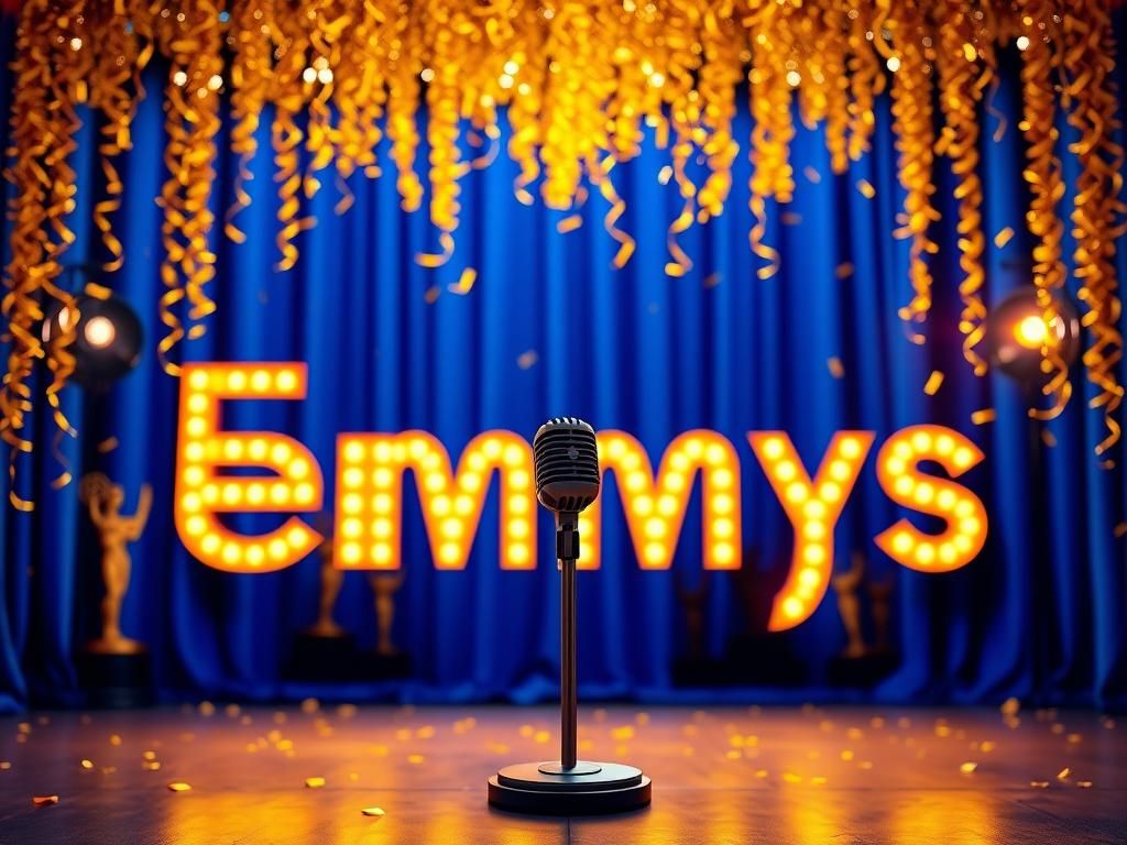 Flick International A vibrant stage setup for the Emmys featuring a bold 'Emmys' sign and a microphone