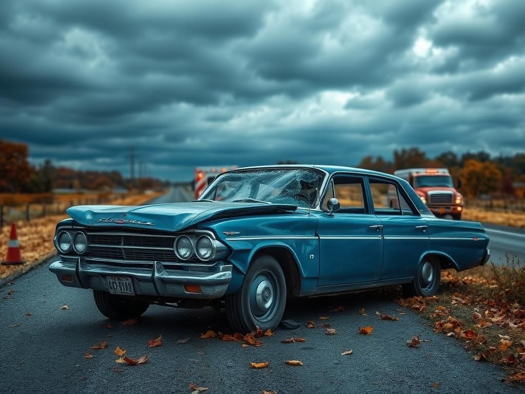 Flick International Heavily damaged vintage blue car on a deserted road after a serious accident