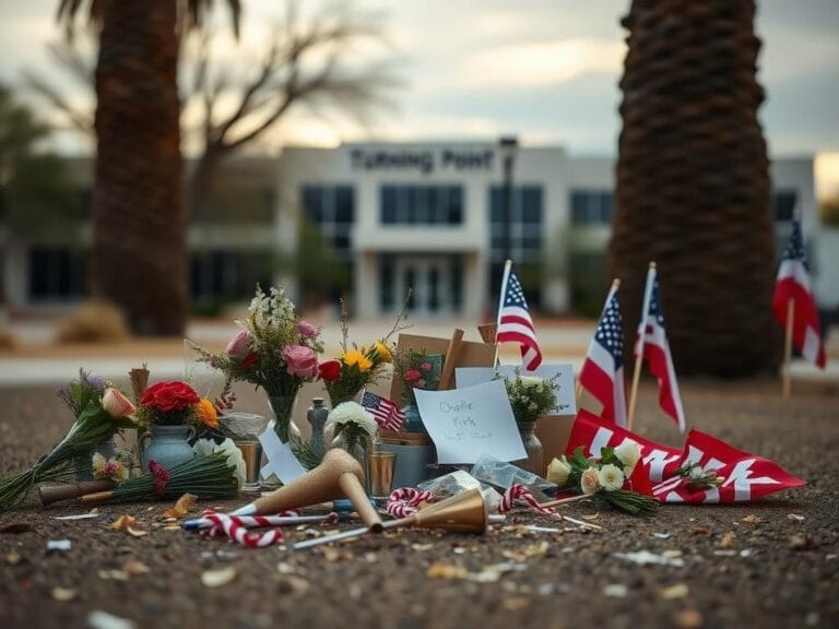 Flick International Memorial for Charlie Kirk with scattered flowers and flags outside Turning Point headquarters