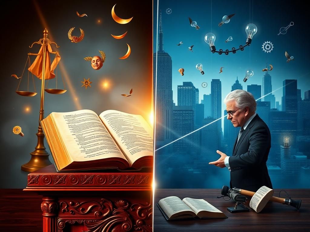 Flick International Split scene depicting the clash of ideas between Ben Shapiro and Bill Maher with an open Bible and modern city skyline