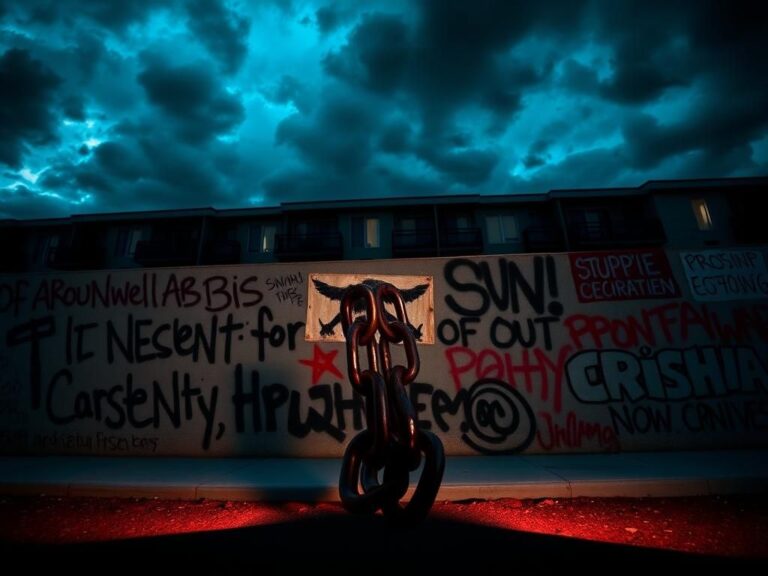 Flick International Broken chains symbolizing division resting on a graffiti-covered wall