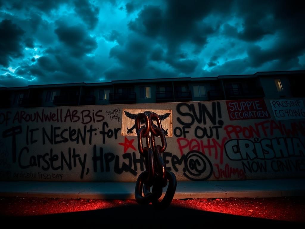 Flick International Broken chains symbolizing division resting on a graffiti-covered wall