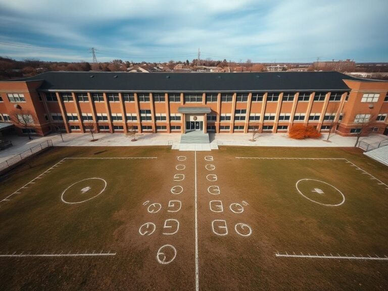 Flick International Aerial view of an empty school building with a desolate playground, illustrating declining enrollment in Chicago Public Schools.