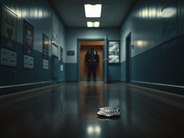 Flick International Empty school hallway with a metal badge on the floor reflecting fluorescent lights