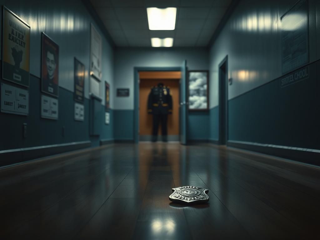 Flick International Empty school hallway with a metal badge on the floor reflecting fluorescent lights