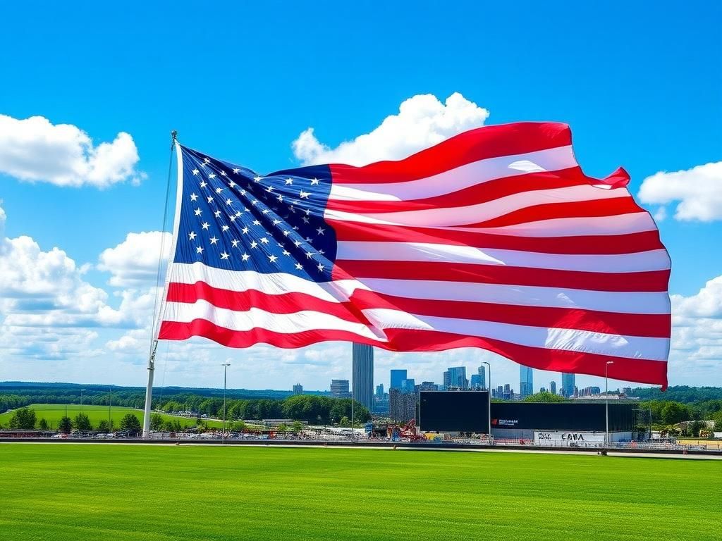 Flick International A massive American flag billowing in the breeze, dwarfing the Empire State Building in the background.