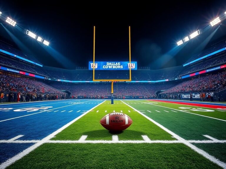 Flick International A dramatic view of the illuminated football field during the Cowboys vs. Giants overtime game.