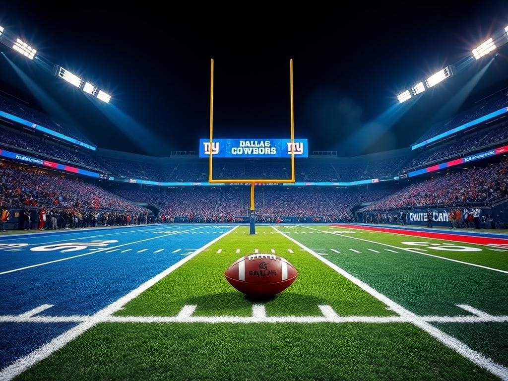 Flick International A dramatic view of the illuminated football field during the Cowboys vs. Giants overtime game.