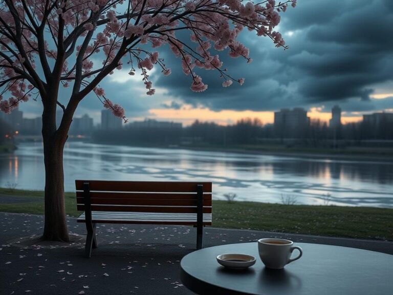 Flick International A serene twilight scene with a wooden bench under a cherry tree, symbolizing loss.