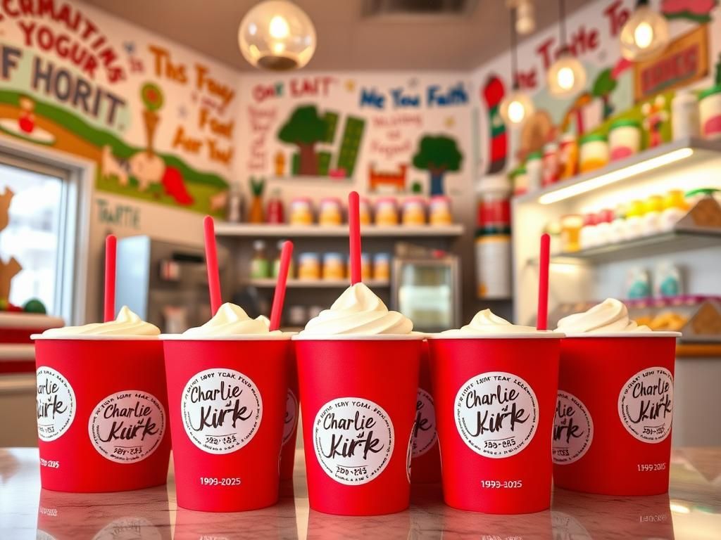 Flick International Cozy interior of Grooveberries yogurt shop featuring red yogurt cups with stickers honoring Charlie Kirk