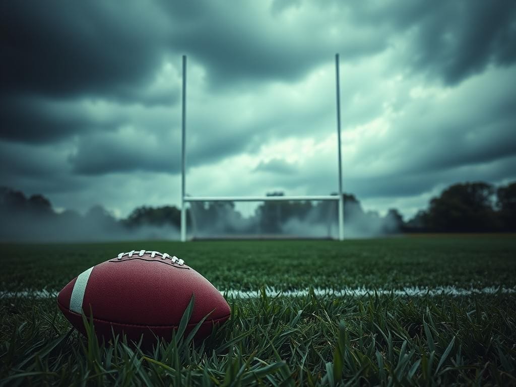 Flick International Football lying on grass near end zone under overcast sky
