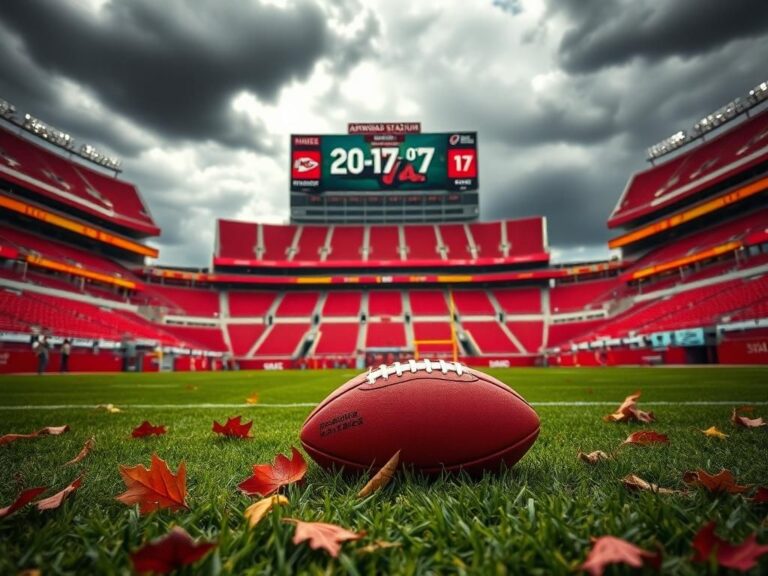 Flick International An empty Arrowhead Stadium with a single football on the grass, symbolizing missed opportunities and setbacks in a game against the Eagles