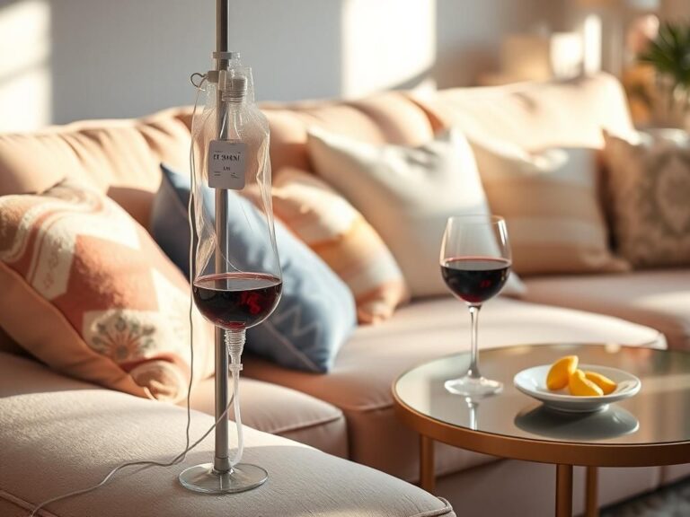 Flick International Living room scene with IV fluids and red wine, symbolizing healing