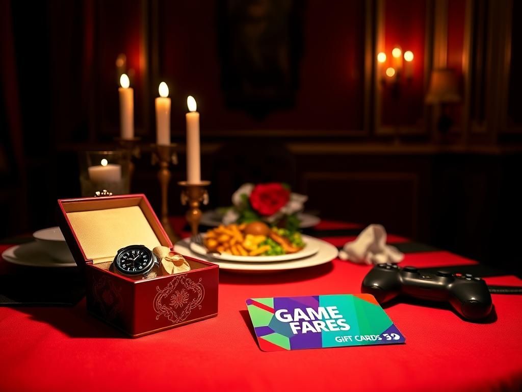 Flick International A romantic anniversary dinner table with a gift-wrapped smartwatch and a gaming gift card
