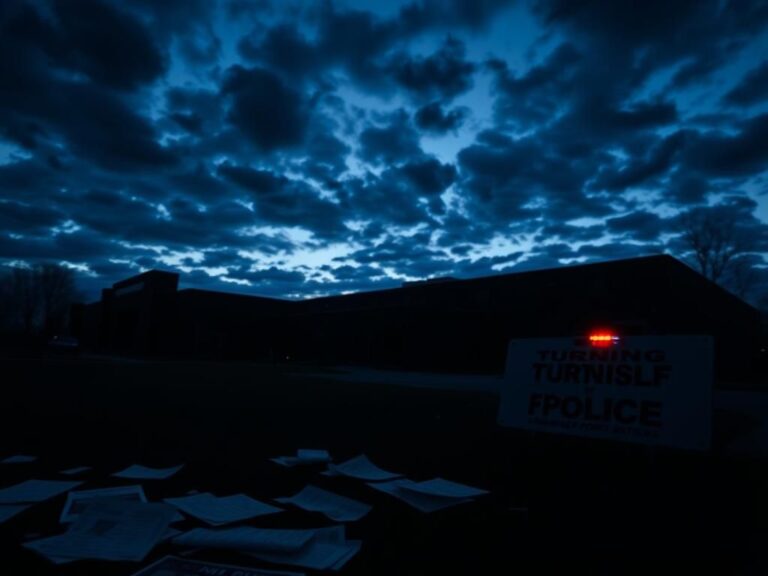 Flick International Dark scene at Utah Valley University showing a silhouetted campus building against a twilight sky with paper flyers scattered in the foreground.
