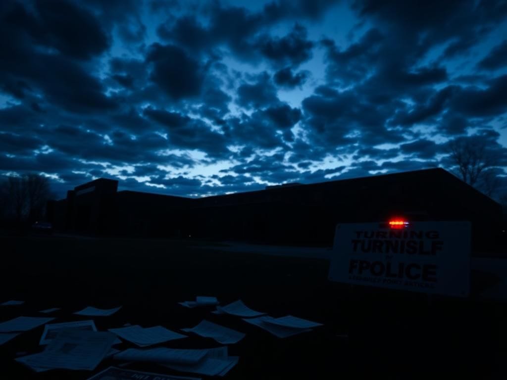 Flick International Dark scene at Utah Valley University showing a silhouetted campus building against a twilight sky with paper flyers scattered in the foreground.