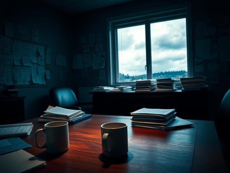 Flick International Dimly lit office space with a cluttered desk and stormy window symbolizing turmoil