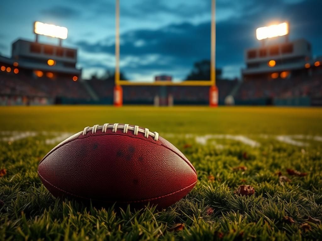 Flick International Close-up of a worn football and helmet on a dynamic football field at dusk