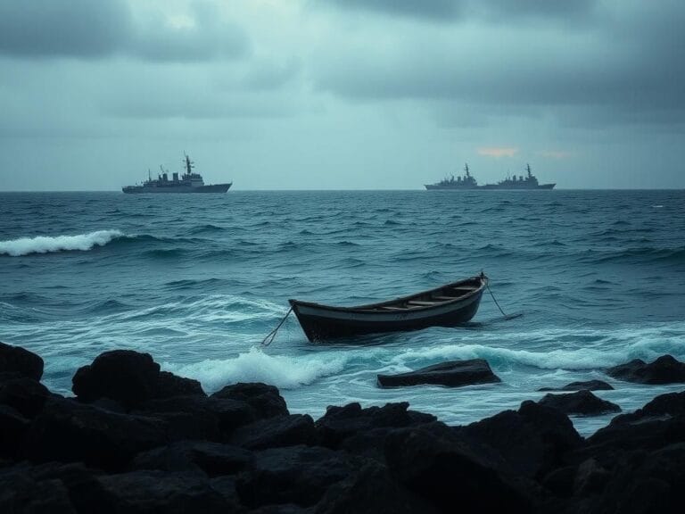 Flick International A decrepit fishing boat adrift in turbulent waters off the coast of Venezuela, symbolizing military tensions and drug smuggling.