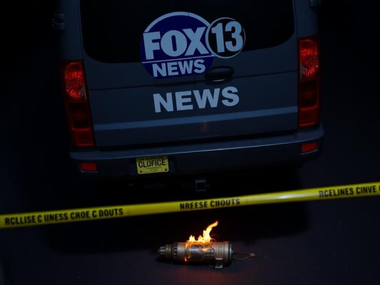 Flick International A parked news vehicle with the FOX 13 News logo, surrounded by police tape, under investigation for a bomb scare.