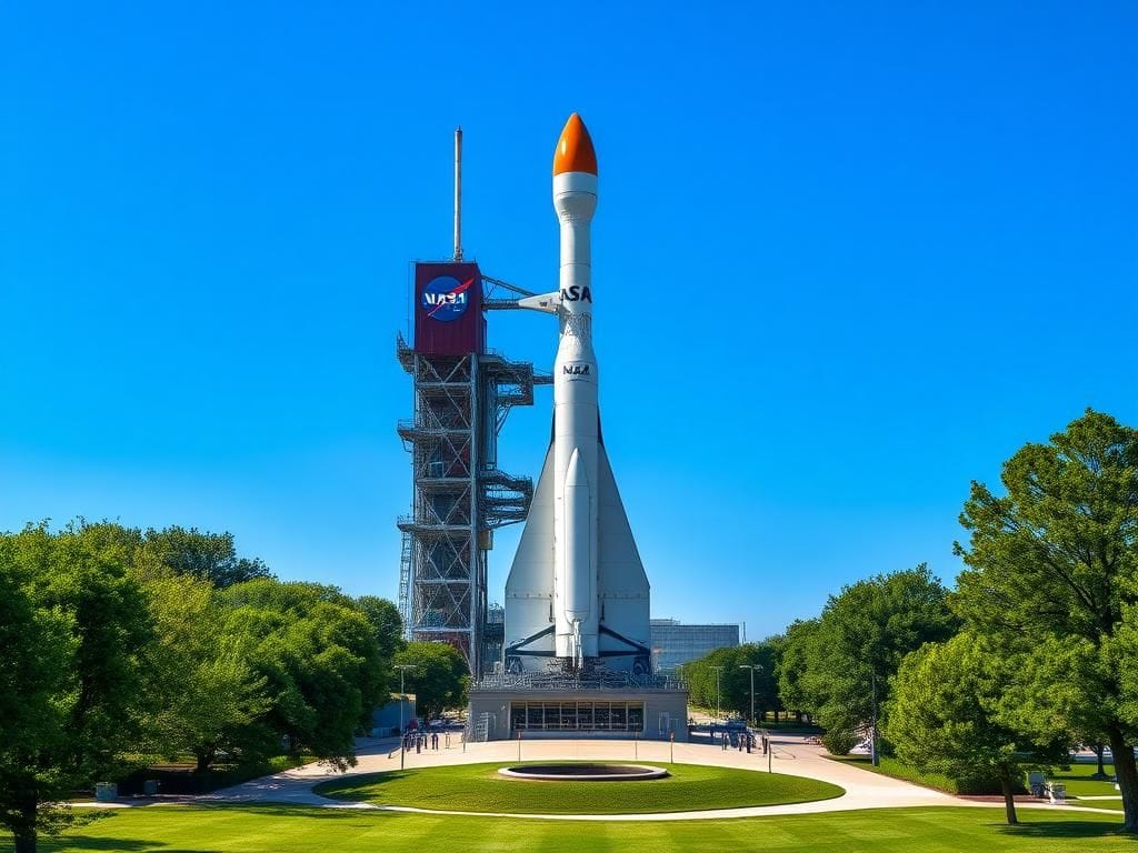 Flick International A large, modern rocket on a launch pad in Huntsville, Alabama against a backdrop of blue skies