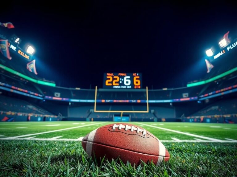 Flick International A football resting on the turf in a vibrant stadium during a night game