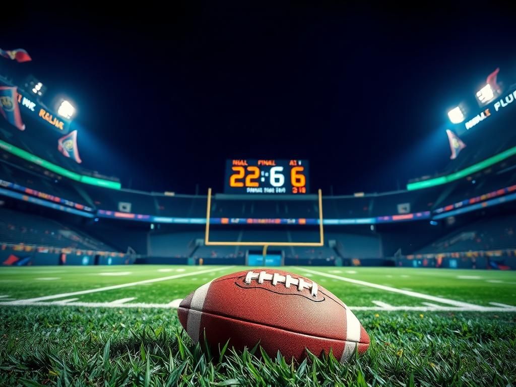 Flick International A football resting on the turf in a vibrant stadium during a night game
