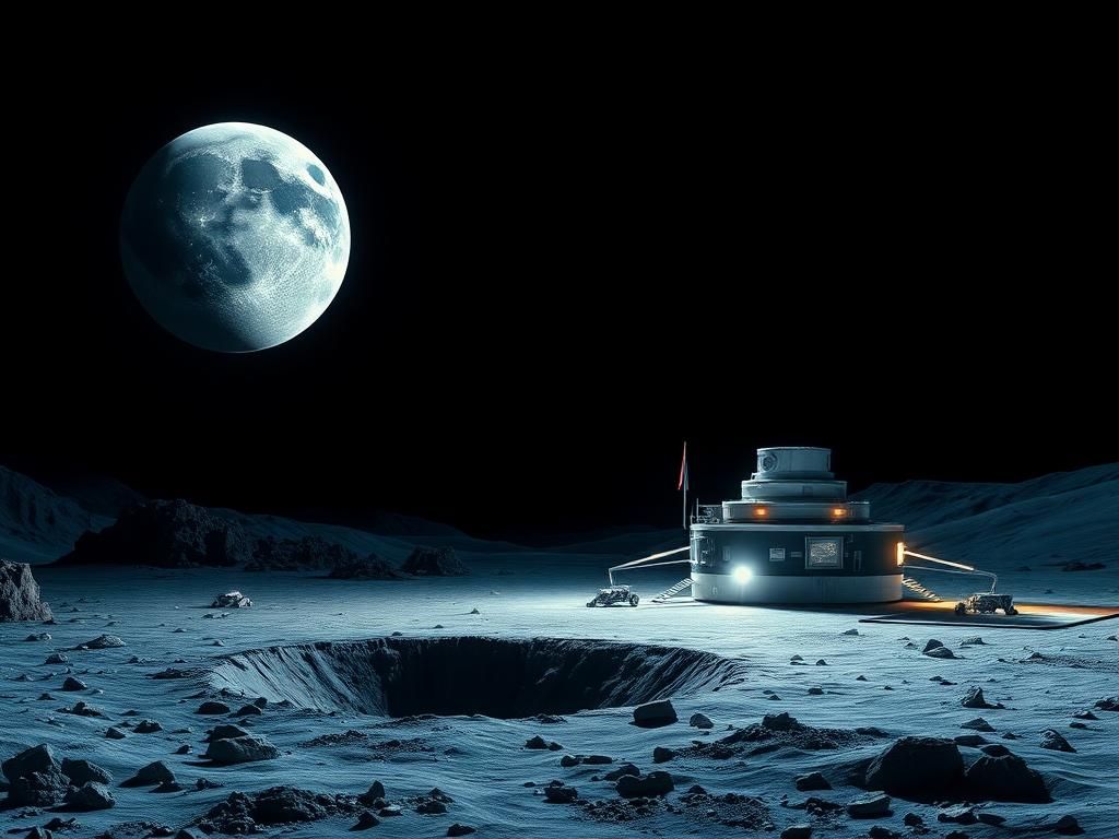Flick International Futuristic lunar base on the Moon's surface with rovers and a nuclear reactor