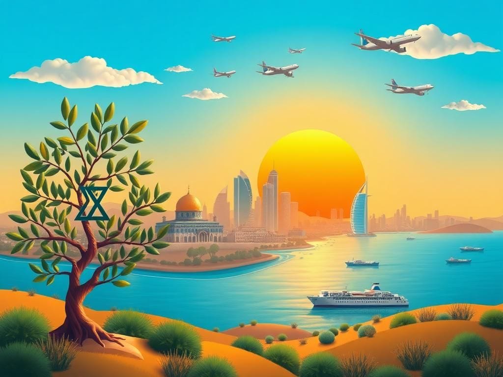 Flick International Vibrant landscape showing cultural harmony between Israeli and Arab cultures with symbolic elements