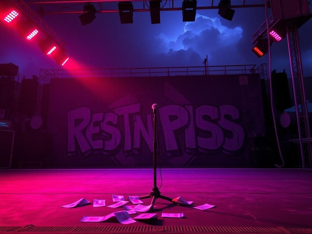 Flick International Empty concert stage in Amsterdam with eerie red and purple lights highlighting a mic stand