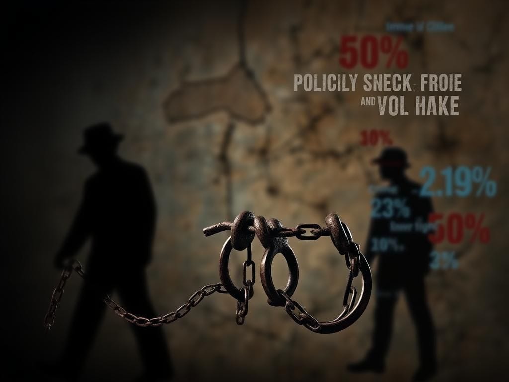 Flick International Abstract representation of the historical connection between policing and slavery, featuring rusted shackles and modern handcuffs.